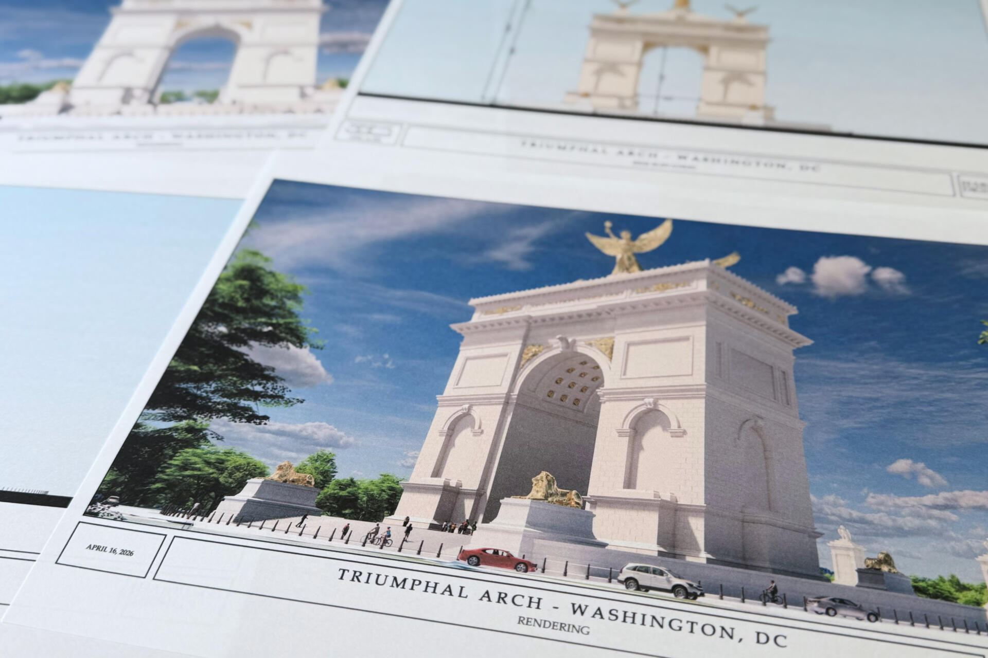 Artist renderings and diagrams for President Trump's new triumphal arch released by the U.S. Commission of Fine Arts that is planned to be built in Washington between the Lincoln Memorial and Arlington National Cemetery, are photographed Friday, April 10, 2026. (Jon Elswick/AP)