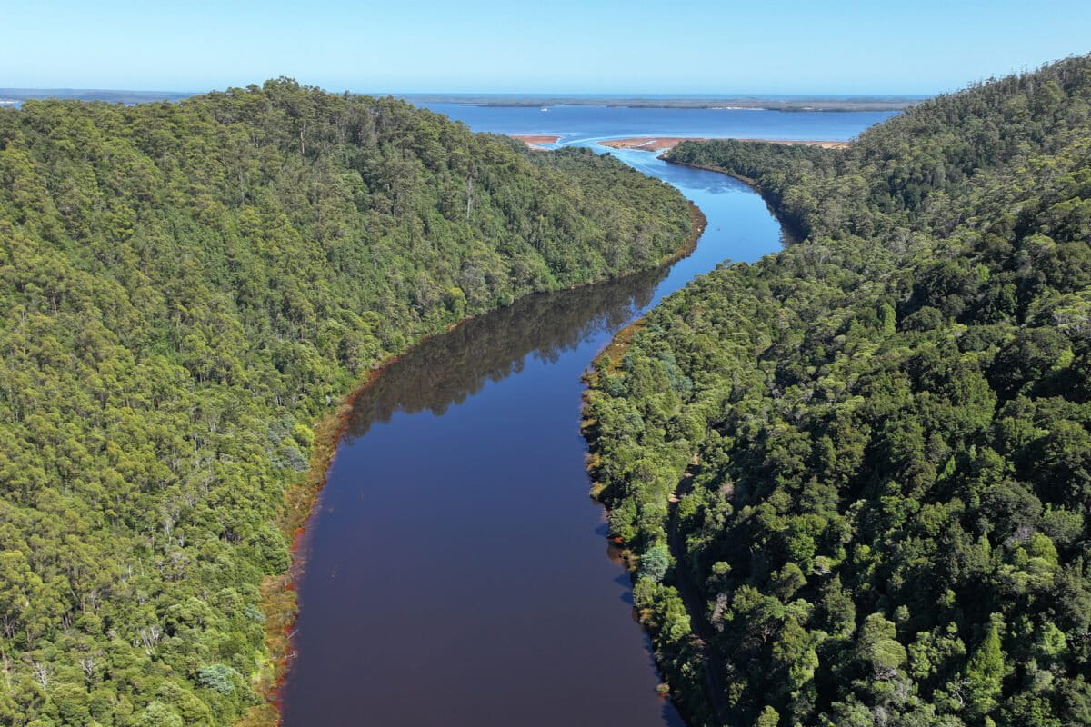 The King River enters Macquarie Harbour, where decades of mining have contributed to contaminated sediment buildup at the river’s delta. Image by Stefan Lovgren.
