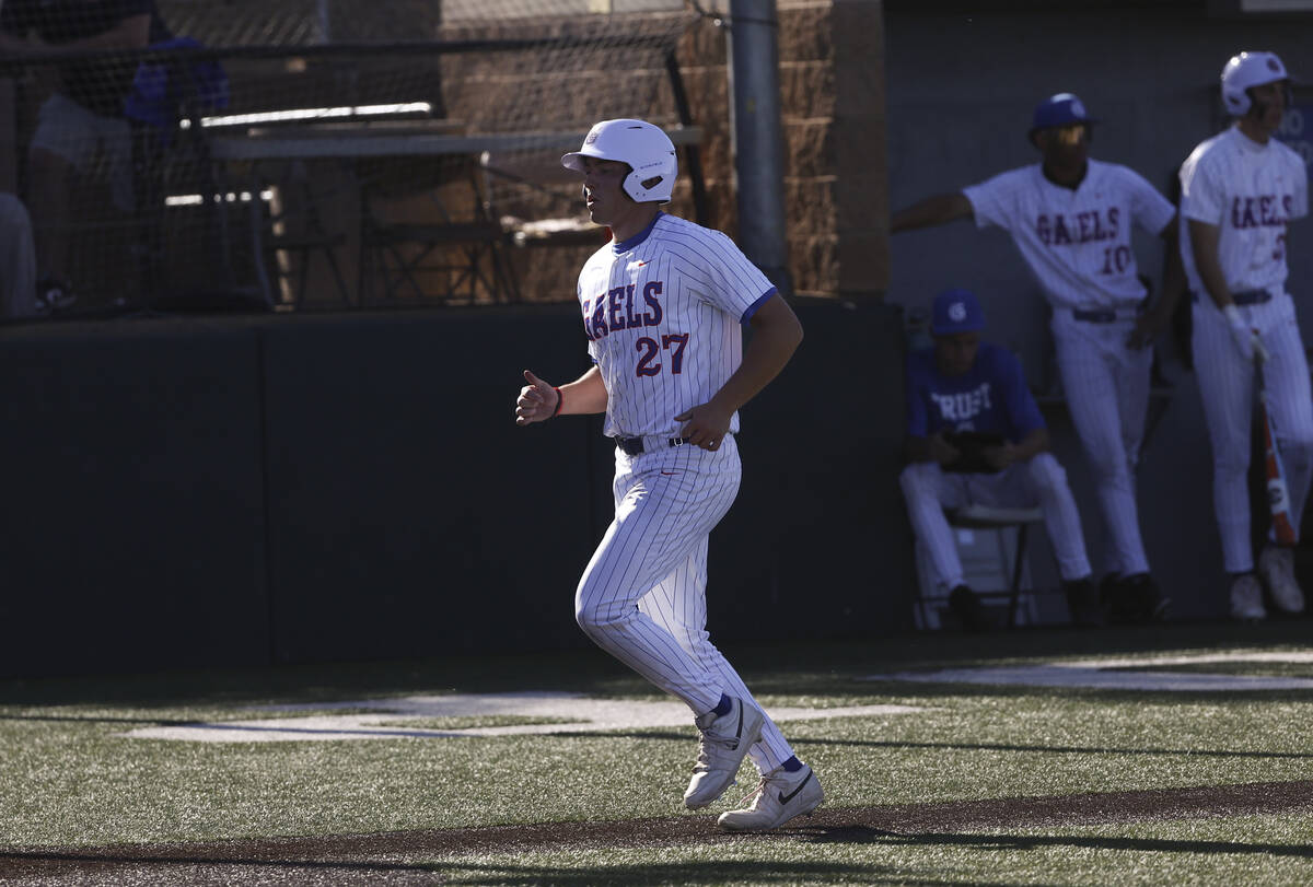 Bishop Gorman’s Chase Wilk (27) scores a run against Durango during a baseball game at B ...