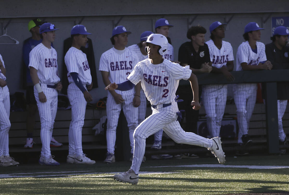 Bishop Gorman infielder Alec Kajioka (2) heads to home base during a baseball game against Dura ...