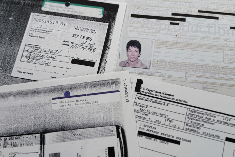 A document that was included in the U.S. Department of Justice release of the Jeffrey Epstein files, photographed Tuesday, Feb. 10, 2026, shows a 2002 passport application from Ghislaine Maxwell along with a visa and a letter to Epstein. (AP Photo/Jon Elswick)