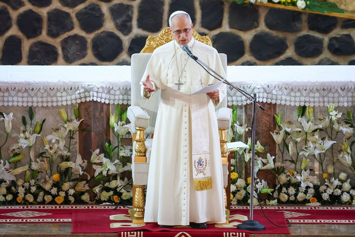Guglielmo Mangiapane/Reuters via CNN NewsourcePope Leo speaks in Saint Joseph’s Cathedral in Bamenda