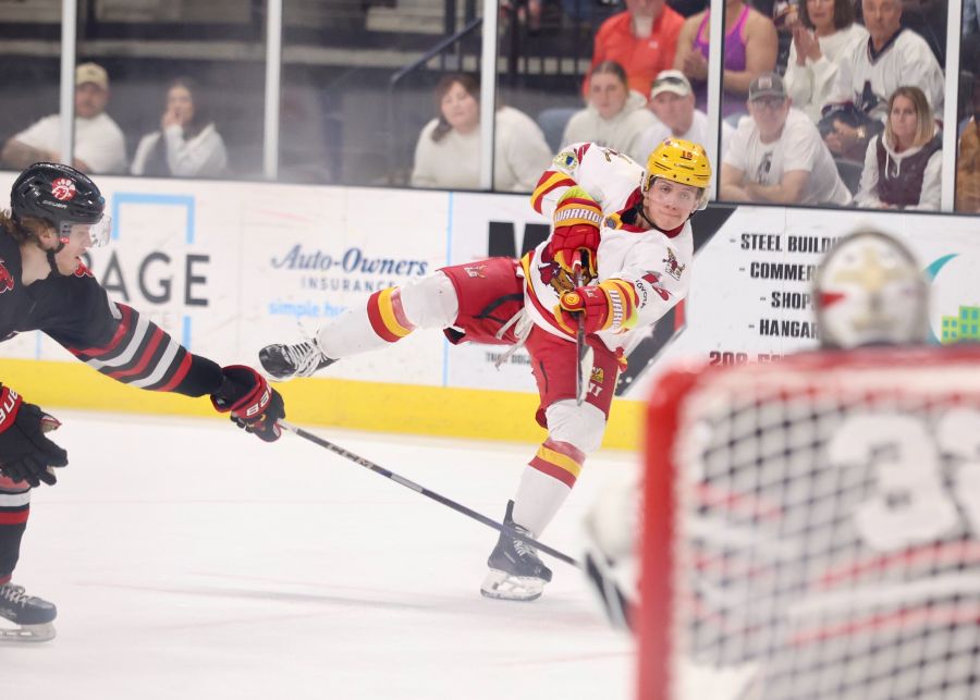 The Spud Kings' DJ MacLeish unloads for the eventual game-winning goal in Game 5 against Pueblo. -courtesy photo
