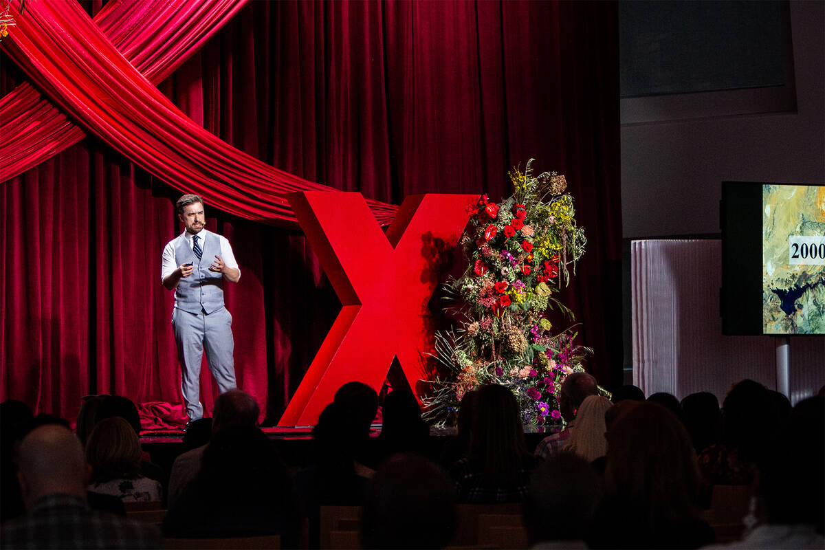 ben Leffel at TEDxLasVegas discusses climate solutions on stage at the Keep Memory Alive Event ...