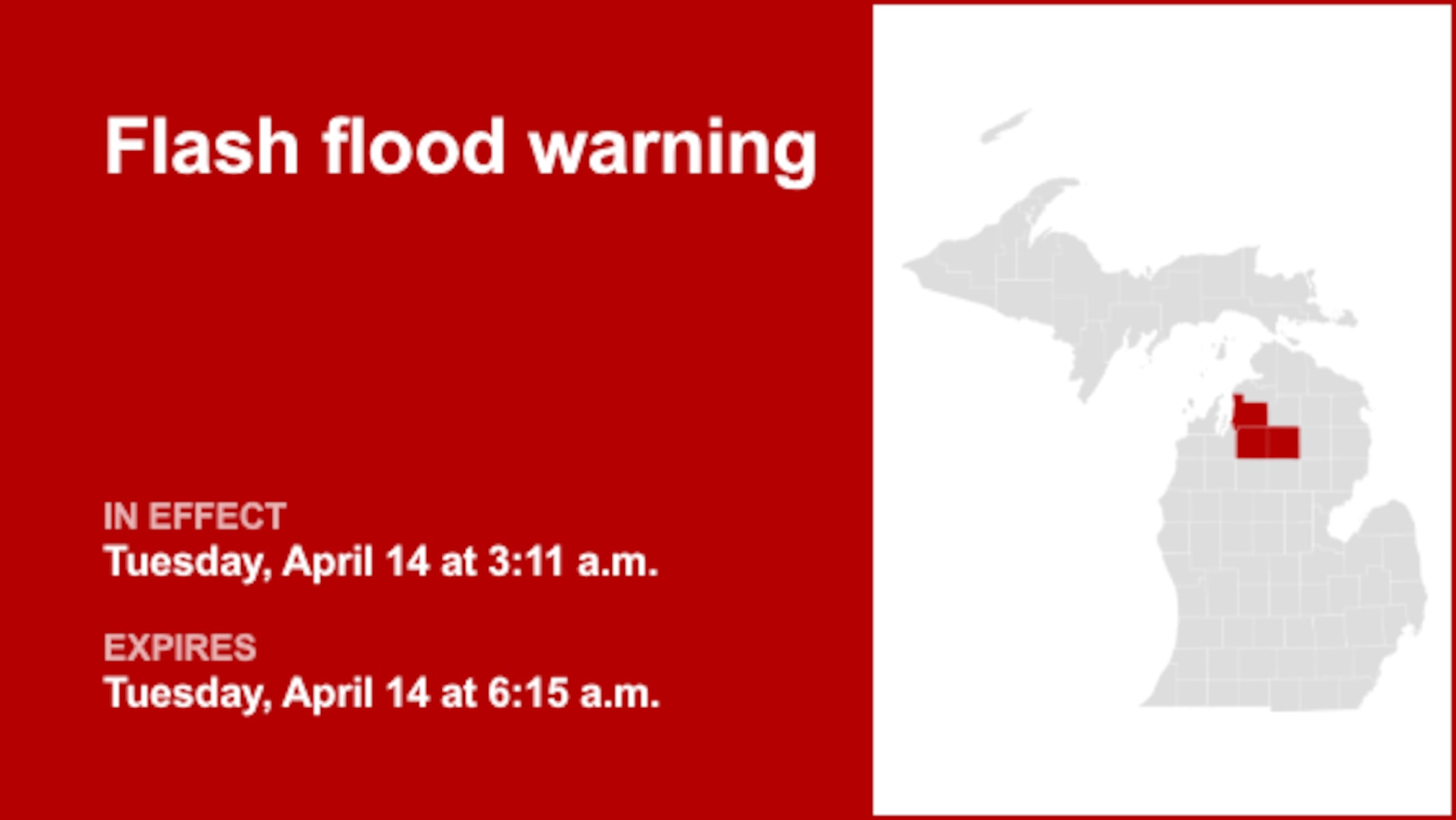Update: Flash flood warning for Northern Michigan until Tuesday morning caused by thunderstorms