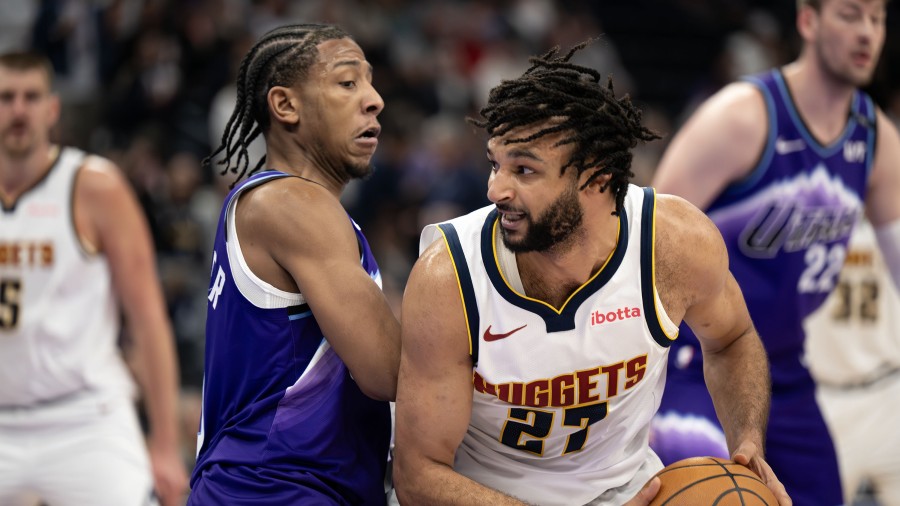 Utah Jazz guard Kennedy Chandler (0) guards Denver Nuggets guard Jamal Murray (27)...