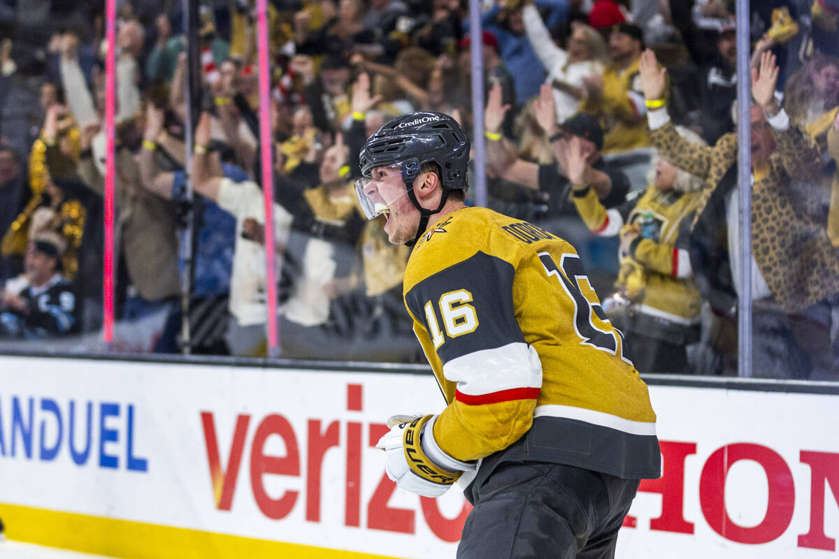 Golden Knights right wing Pavel Dorofeyev (16) celebrates his third goal past Utah Mammoth goal ...