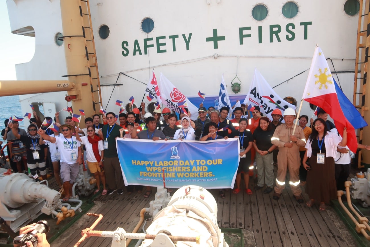On May 1, The Atin Ito Coalition celebrated Labor Day at sea during its fourth civilian mission to the West Philippine Sea en route to Pag-asa Island, honoring Filipino fisherfolk and frontline workers. (Photo by Andrea Gregorio)