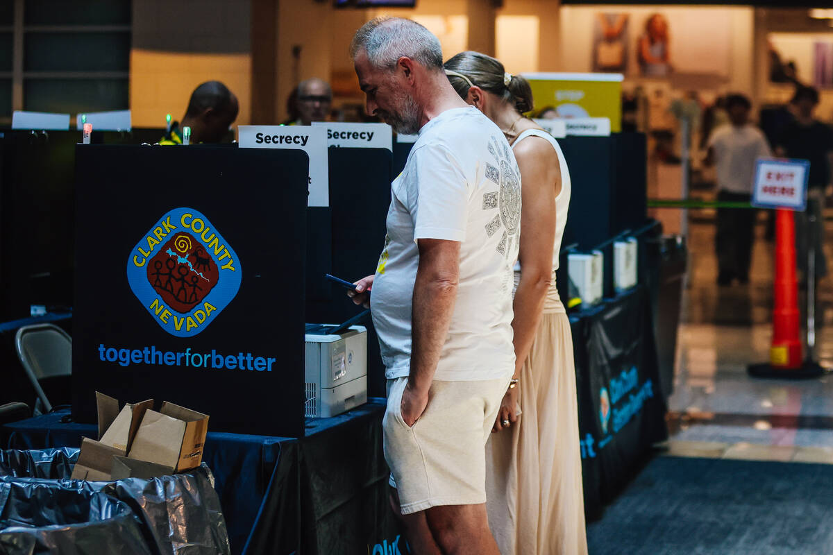 Voters take advantage of early voting at Galleria at Sunset Saturday, May 23, 2026, in Henderso ...