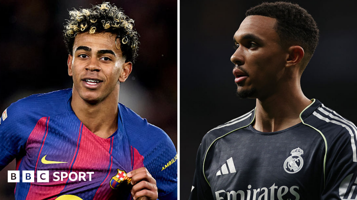 Split picture, with Lamine Yamal smiling and holding the badge on his Barcelona shirt, and Trent Alexander-Arnold expressionless in Real Madrid's black away kit