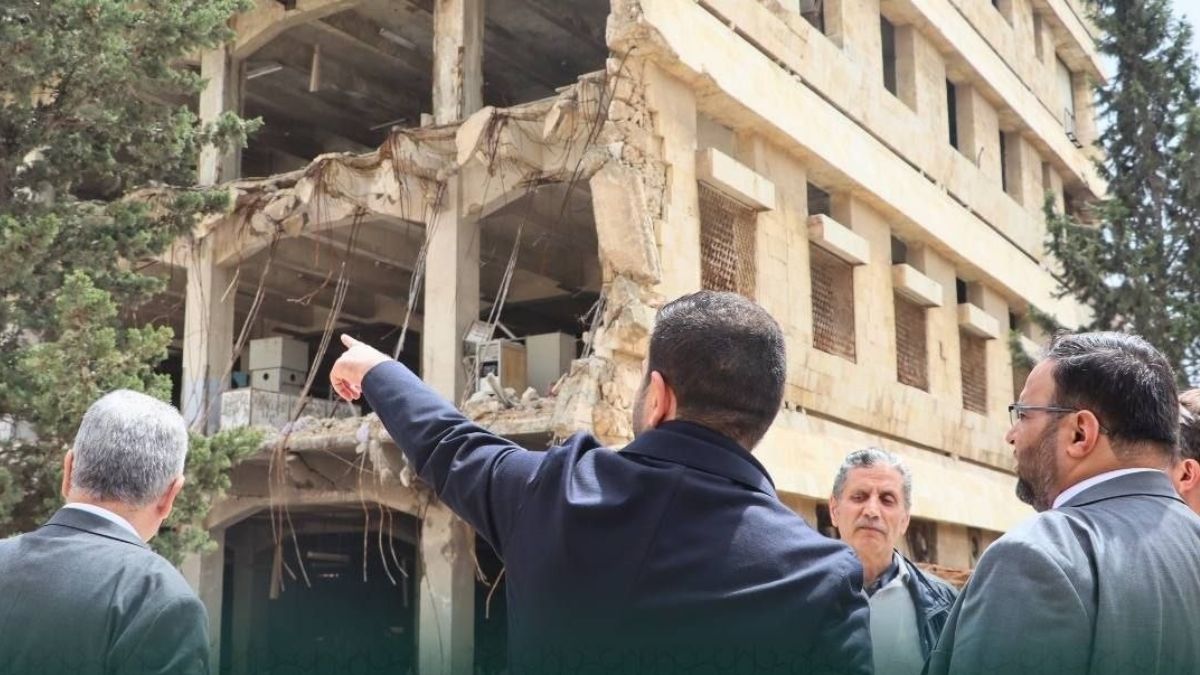 Deputy Minister of Economy and Industry Basel Abdul Hannan inspects the condition of several destroyed industrial facilities and factories in the Shqeif industrial area in Aleppo, April 19, 2026. (Ministry of Economy and Industry/Telegram)