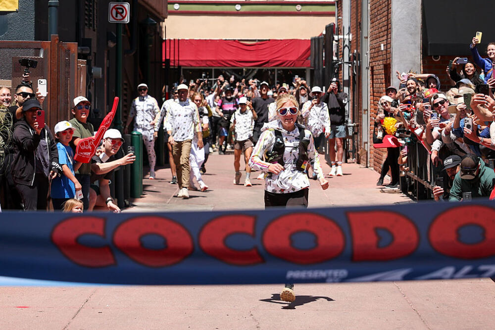US athlete Rachel Entrekin finish line to win the Cocodona 250 ultramarathon in Arizona, United States on May 6, 2026. The 34-year-old made history by beating the entire field of elite men and women, setting a new overall course record of 56 hours, 9 minutes, and 48 seconds, shattering the previous record of 58:47:18. The 253-mile race across Arizona features extreme desert conditions and nearly 39,000 feet of elevation gain. (Photo by Scott Rokis/Cocodona 250/Anadolu via Getty Images)
