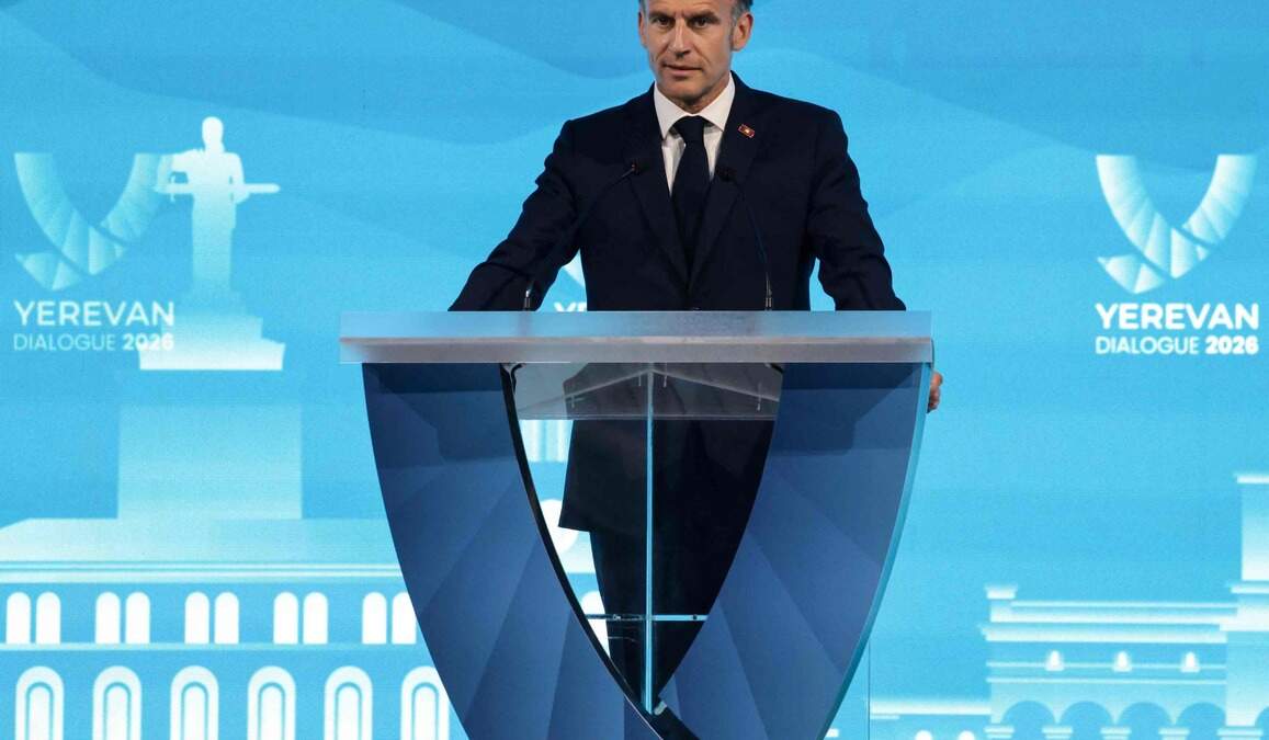 France's President Emmanuel Macron speaks on stage during the Yerevan Dialogue 2026 forum in Yerevan on 5 May