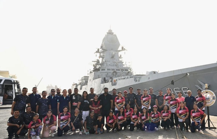 Indian community in Muscat joins yoga session onboard INS Visakhapatnam