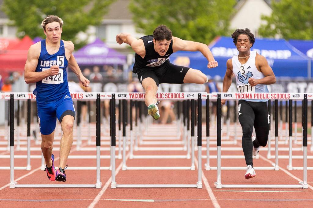 Shorewood’s Jaden Marlow runs in the 3A Boys 110M hurdles final during the WIAA State Track & Field Championships on Friday, May 29, 2026 in Tacoma, Washington. (Olivia Vanni / The Herald)