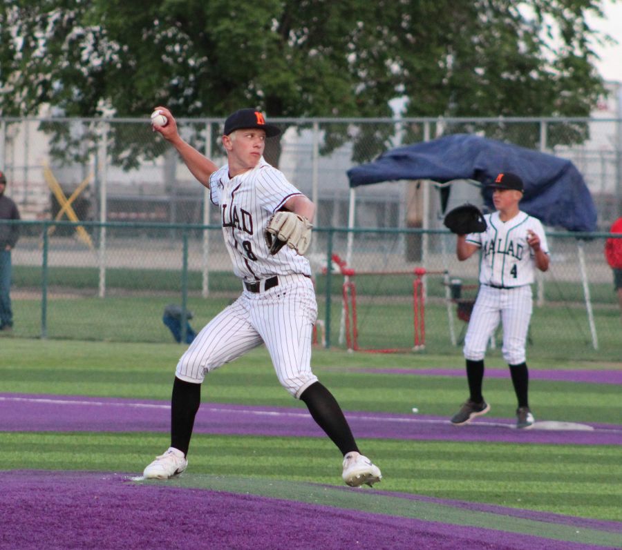 Malad reliever Easton Green warms up during Friday's game against Melba.