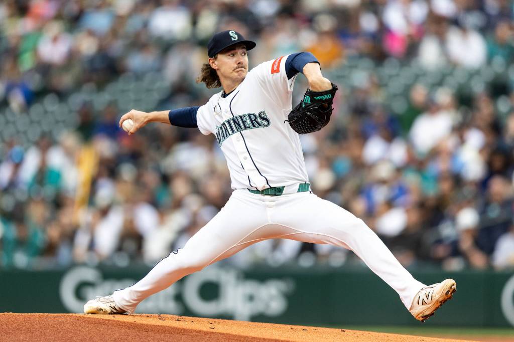 Bryce Miller of the Seattle Mariners pitches during the first inning against the Chicago White Sox at T-Mobile Park on Tuesday, May 19, 2026, in Seattle. (Maddy Grassy / Getty Images / Tribune News Services)