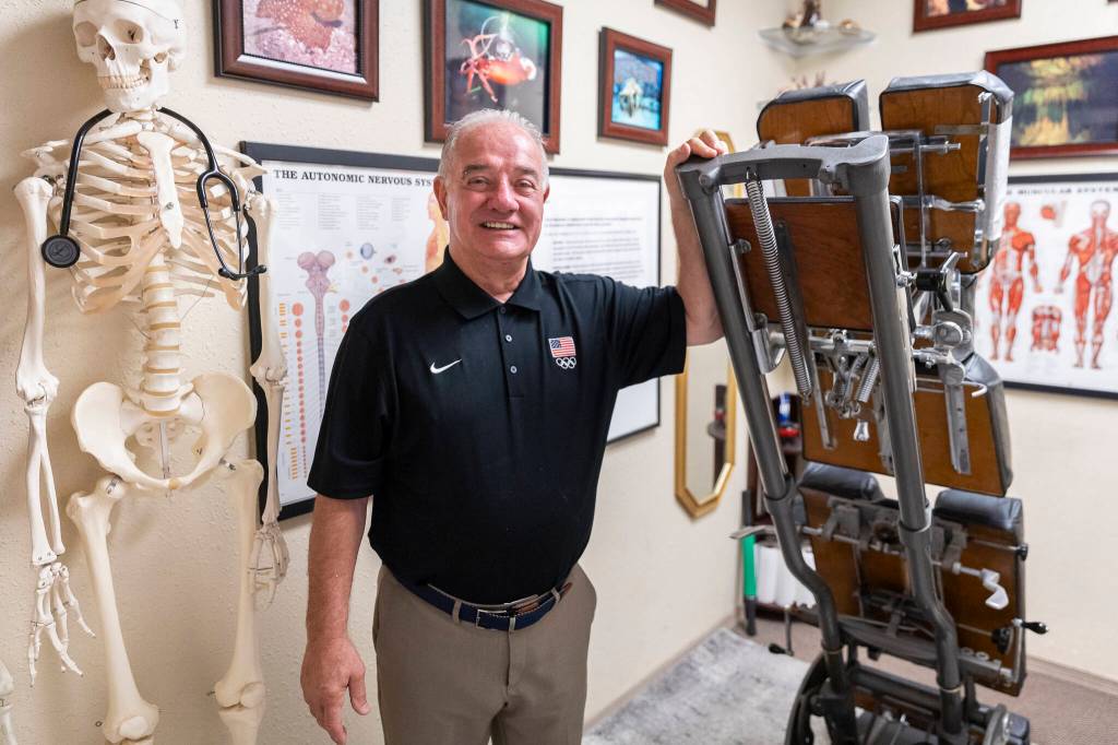 Marc Van Driessche, of Beverly Park Chiropractic, who won a national award for sports chiropractor of the year, at his office on Tuesday, May 5, 2026, in Mukilteo, Washington. (Olivia Vanni / The Herald)