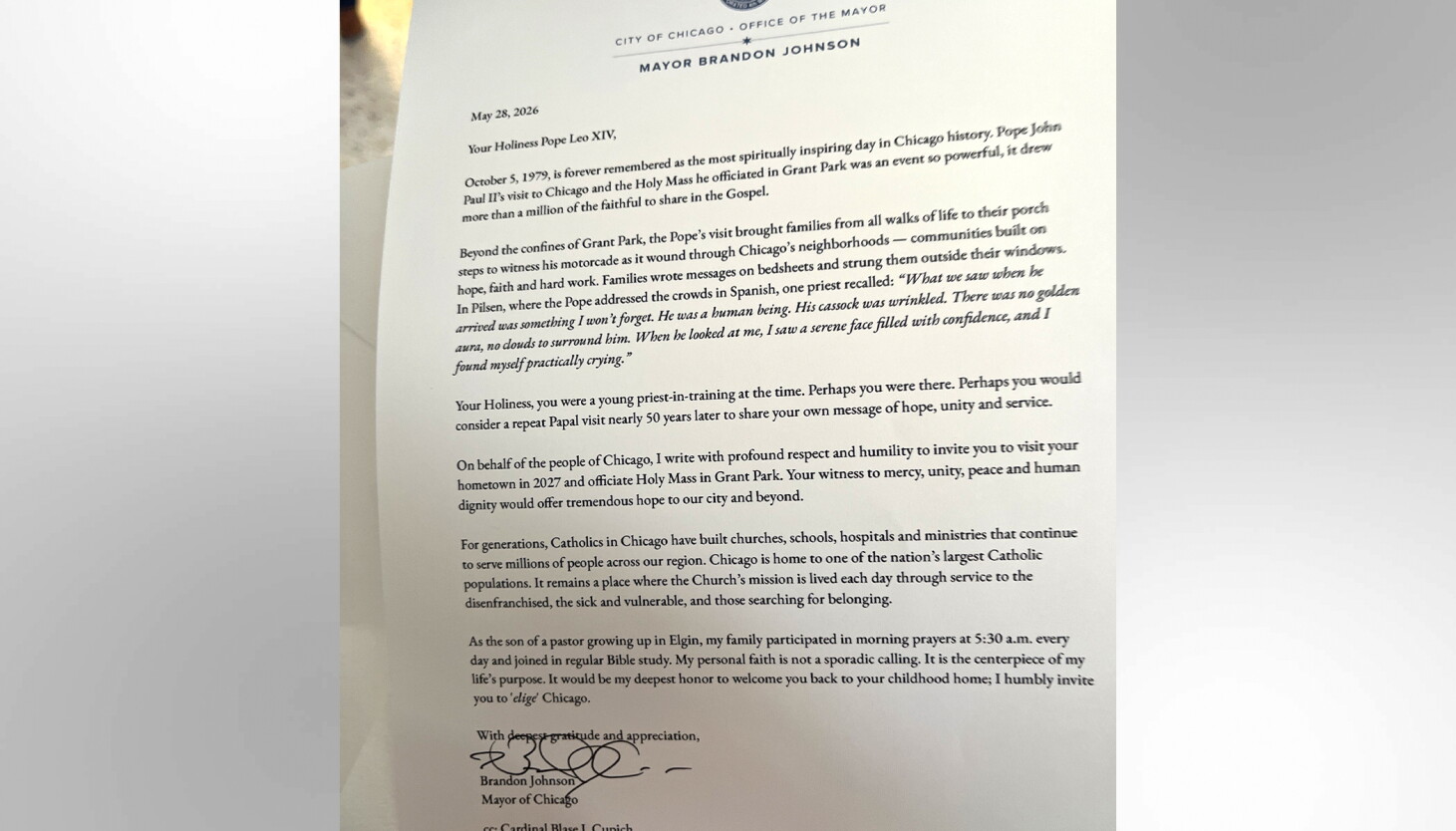 Read the full text of Mayor Johnson's invitation to Pope Leo XIV to deliver mass in Grant Park in 2027