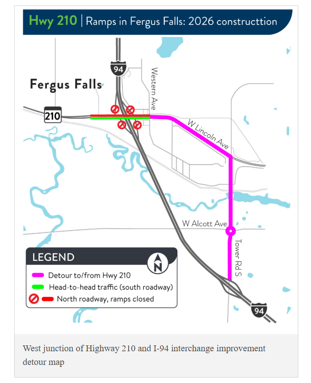 Section of I-94 at Fergus Falls to be closed overnight this week, traffic re-routed