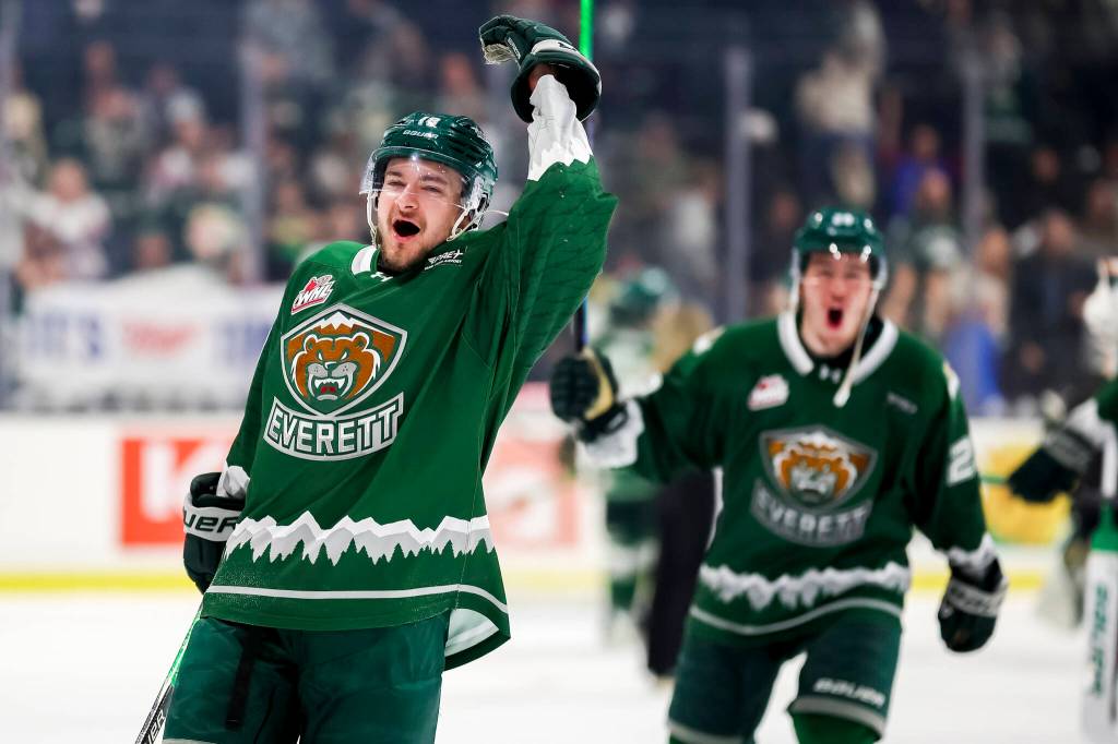 Silvertips forward Nolan Chastko raises his arm in the air while celebrating Everetts win against the Prince Albert Raiders in Game 2 of the WHL Championship at Angel of the Winds Arena on May 9, 2026. The 20-year-old forward scored a goal in the Silvertips series-clinching 7-2 win in Game 5 at the Art Hauser Centre on Friday. (Photo courtesy Evan Morud / Everett Silvertips)