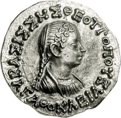 Coin of Indo-Greek Queen Agathocleia of India.