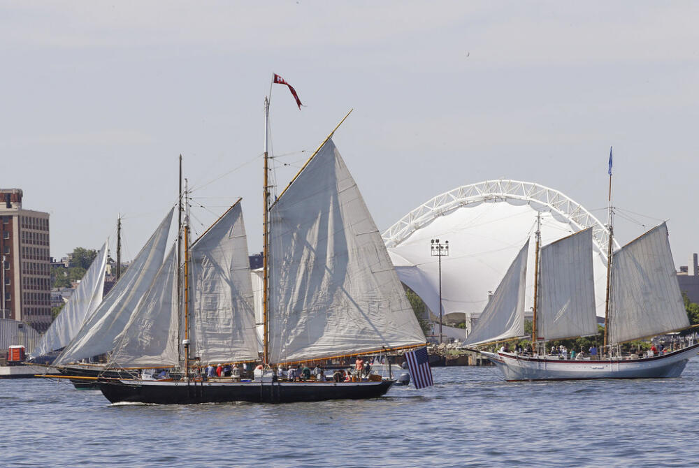 The tall ship Stad Amsterdam docked in the Seaport. (Steven Davy/WBUR)