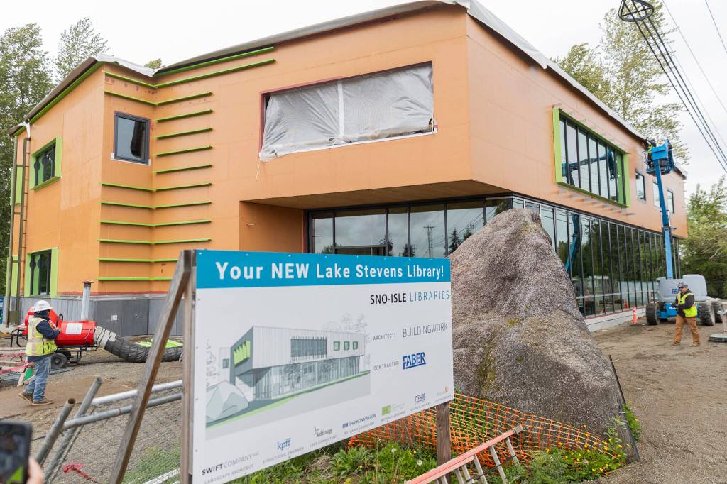 The new Lake Stevens Sno-Isle Library building under construction along 99th Avenue Northeast on Friday, May 15, 2026, in Lake Stevens, Washington. (Olivia Vanni / The Herald)