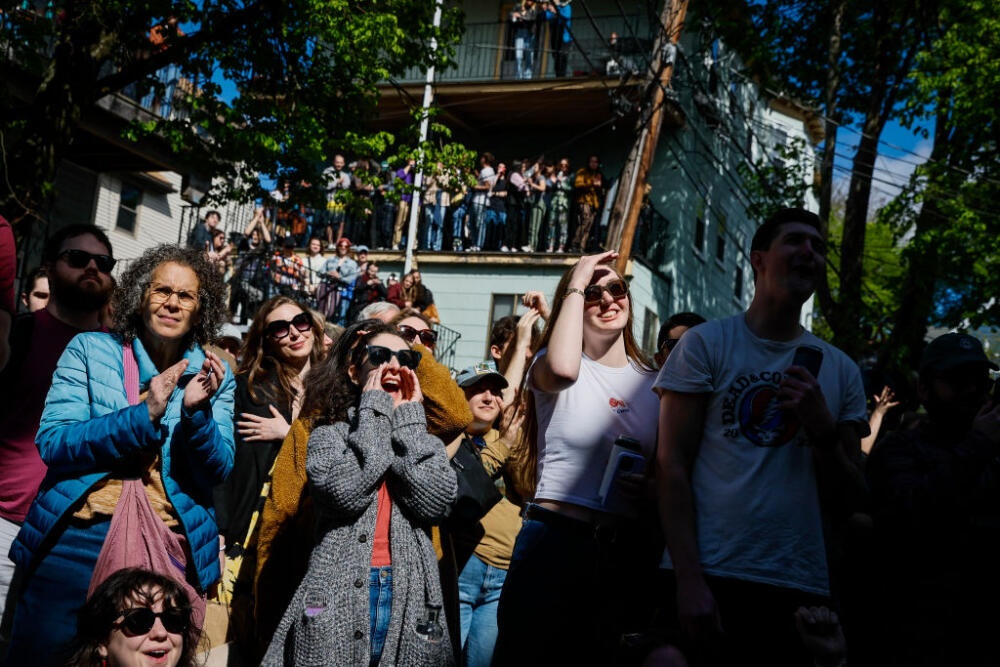 People crowded into Aberdeen Road to hear Guster perform at Somerville Porchfest in 2024. (Erin Clark/The Boston Globe via Getty Images)