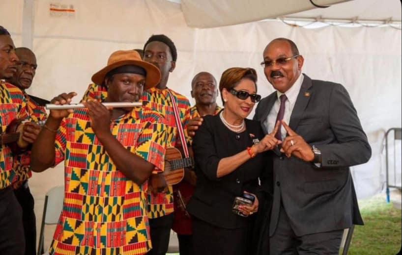Trinidad and Tobago Prime Minister Kamla Persad-Bissessar congratulates PM Gaston Browne on re-election