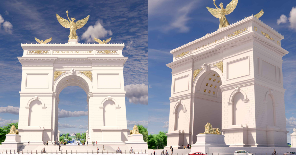 Trump's 'triumphal arch' moves forward, losing gold lions and height