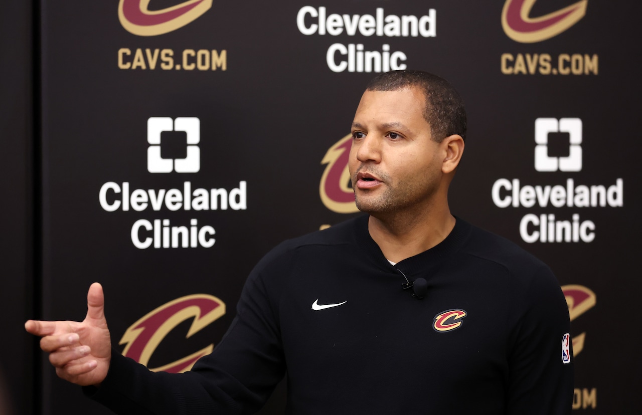 Cleveland Cavaliers President of Basketball Operations Koby Altman speaks to the media during his end-of-season availability at the Cleveland Clinic courts.