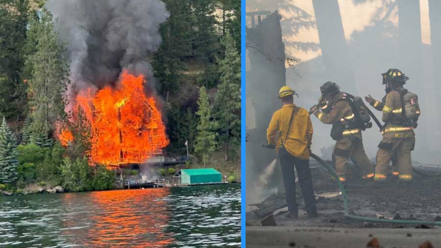 Firefighters from Northern Lakes Fire Protection District work to extinguish a massive house fire at Hayden Lake, in Kootenai County, on Friday, June 19, 2026.