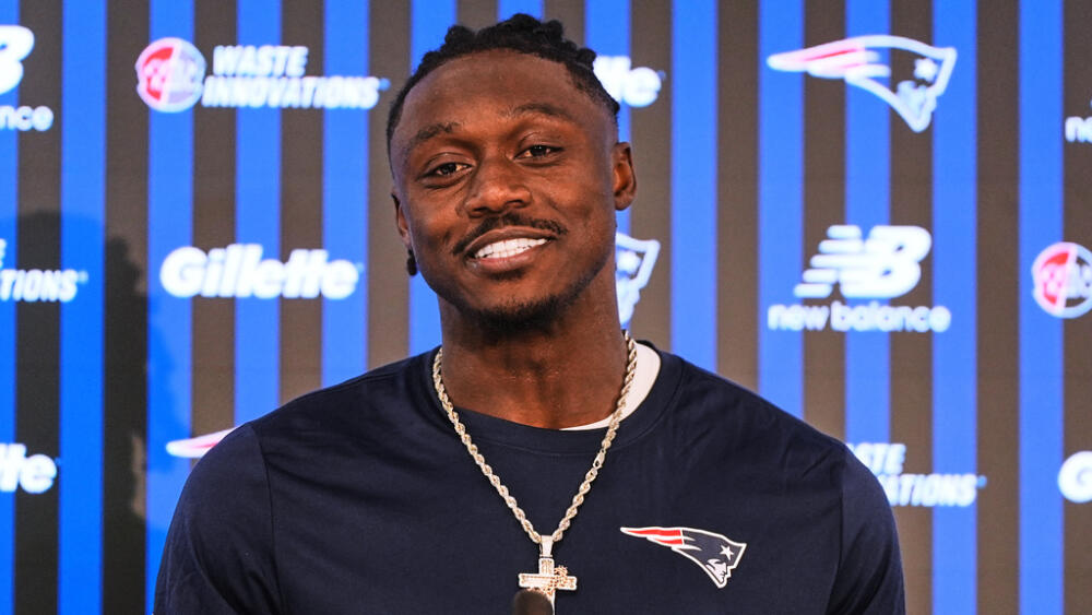 New England Patriots wide receiver A.J. Brown smiles during a media availability following practice, Tuesday, June 2, 2026, in Foxborough, Mass. (Charles Krupa/AP)