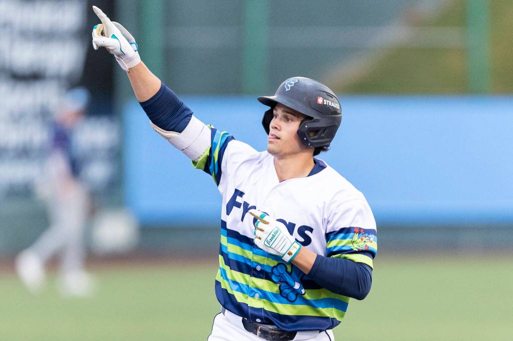 Luke Stevenson #32 of the Everett AquaSox reacts after hitting a home run during the game against the Hillsboro Hops on Wednesday, May 6, 2026 in Everett, Washington. (Olivia Vanni / The Herald)