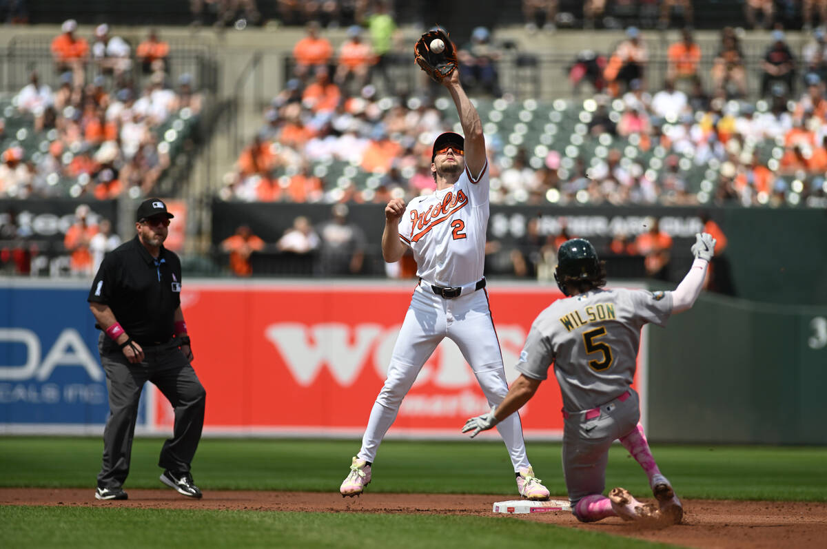 Baltimore Orioles shortstop Gunnar Henderson (2) puts out Athletics' Jacob Wilson (5) at s ...