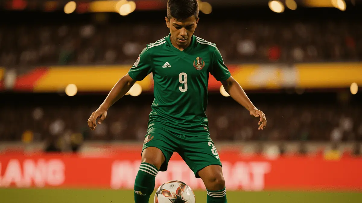 Mexican midfielder Obed Vargas in action during World Cup match wearing Mexico national team jersey