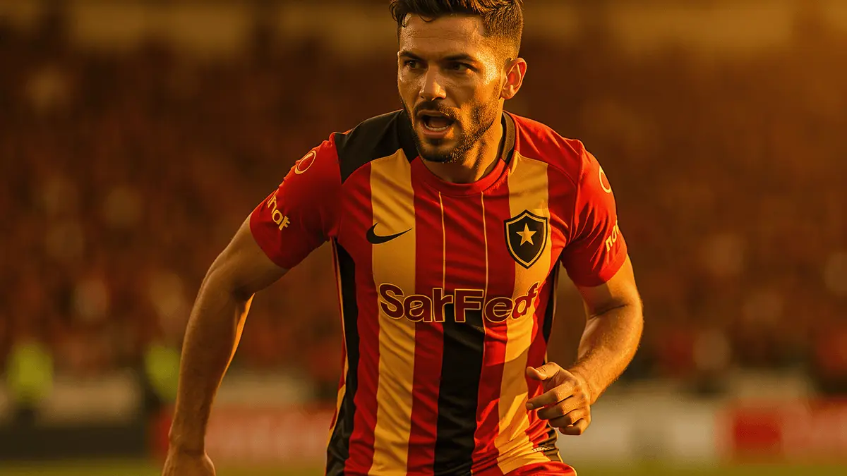 Striker in Turkish football kit running on pitch during golden hour training session