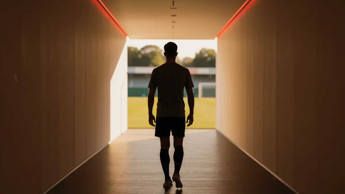 Footballer walking away through stadium tunnel toward bright exit, symbolizing departure from club