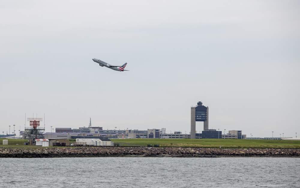 A flight takes off at Logan Airport.(Jesse Costa/WBUR)