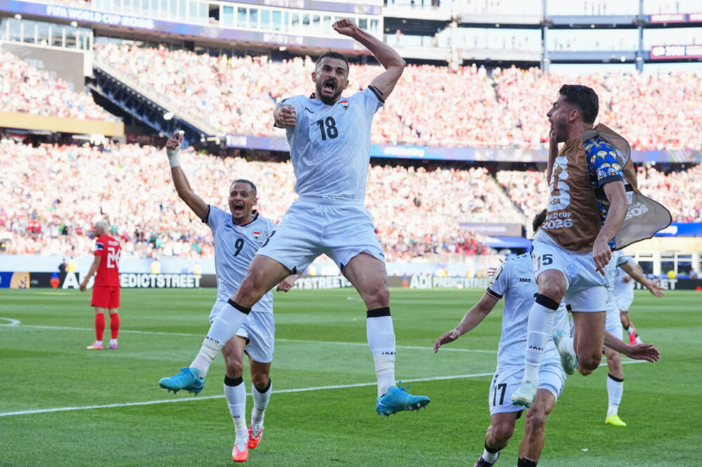 Iraq's Aymen Hussein (18), celebrates scoring his side's first goal during the World Cup Group I soccer match between Iraq and Norway in Foxborough, Mass., Tuesday, June 16, 2026. (Martin Meissner/AP)