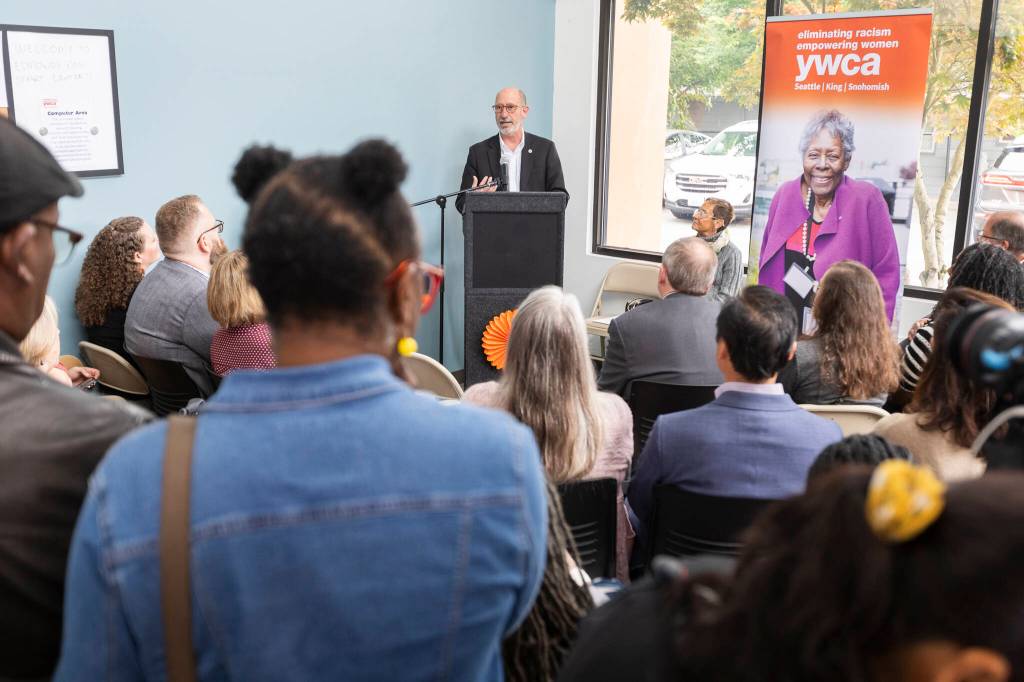 Edmonds Mayor Mike Rosen speaks during the Edmonds New Start Center opening ceremony, celebrating the new bridge housing facility along Highway 99 on Monday, June 29, 2026, in Edmonds, Washington. (Olivia Vanni / The Herald)