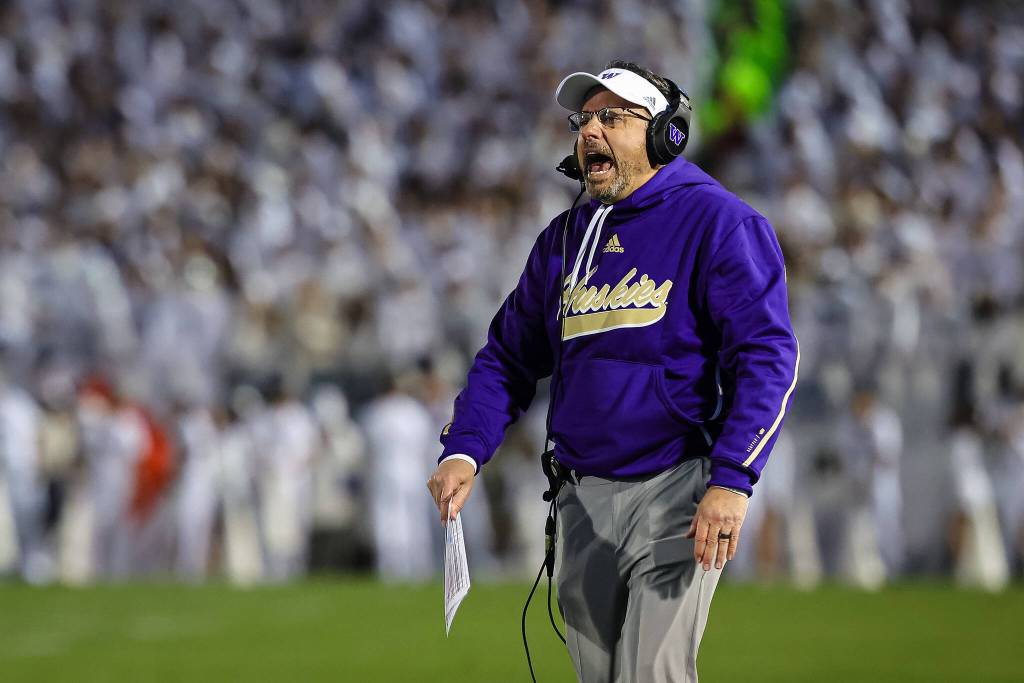 Head coach Jedd Fisch of the Washington Huskies reacts to a play against the Penn State Nittany Lions during the first half at Beaver Stadium on Nov. 9, 2024, in State College, Pennsylvania. (Scott Taetsch / Getty Images / Tribune News Services)