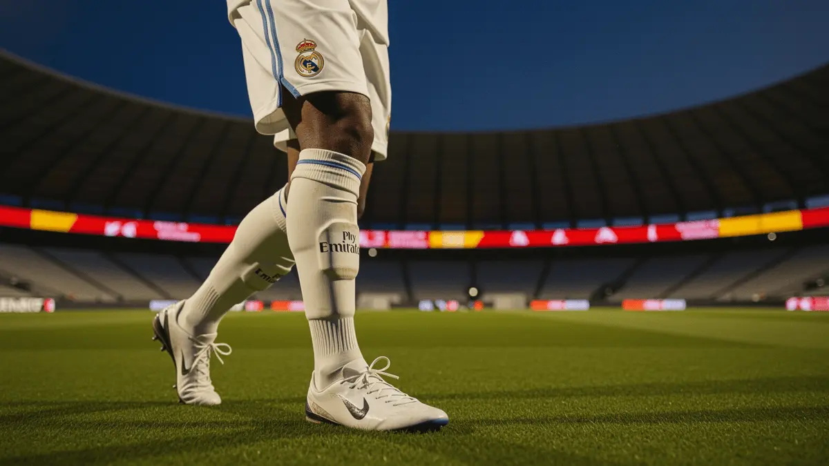 Real Madrid player walking onto Santiago Bernabéu pitch under stadium lights at twilight