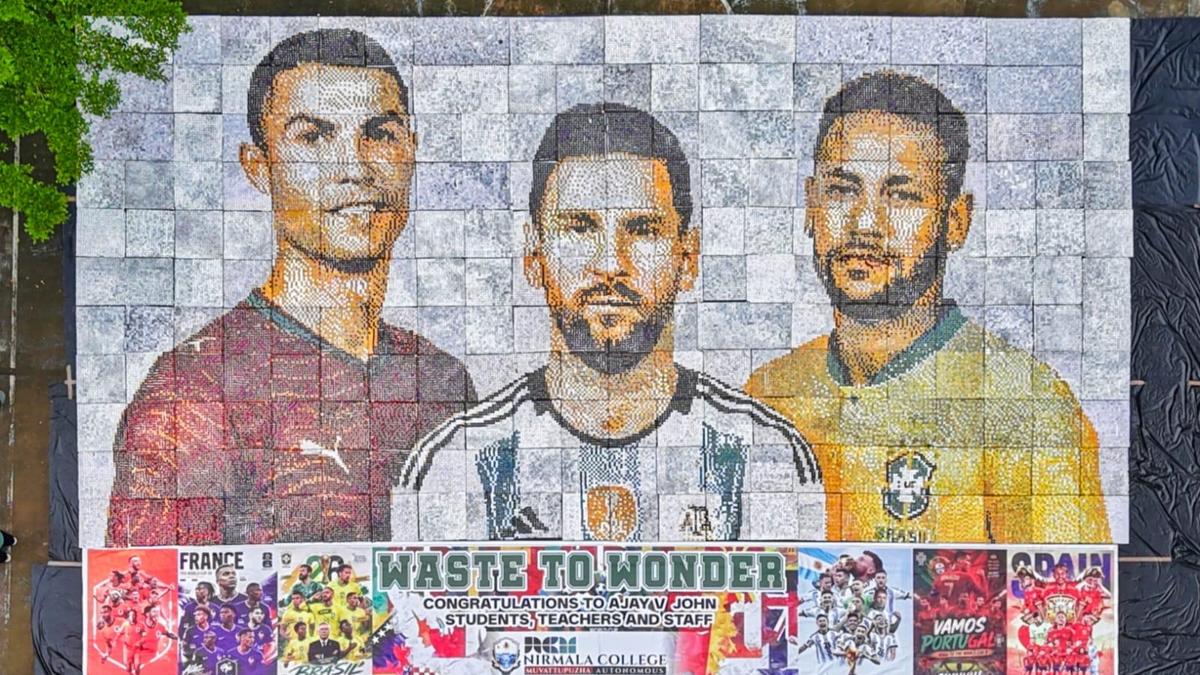 Kerala college sets up a giant portrait of football legends, made entirely of scrap