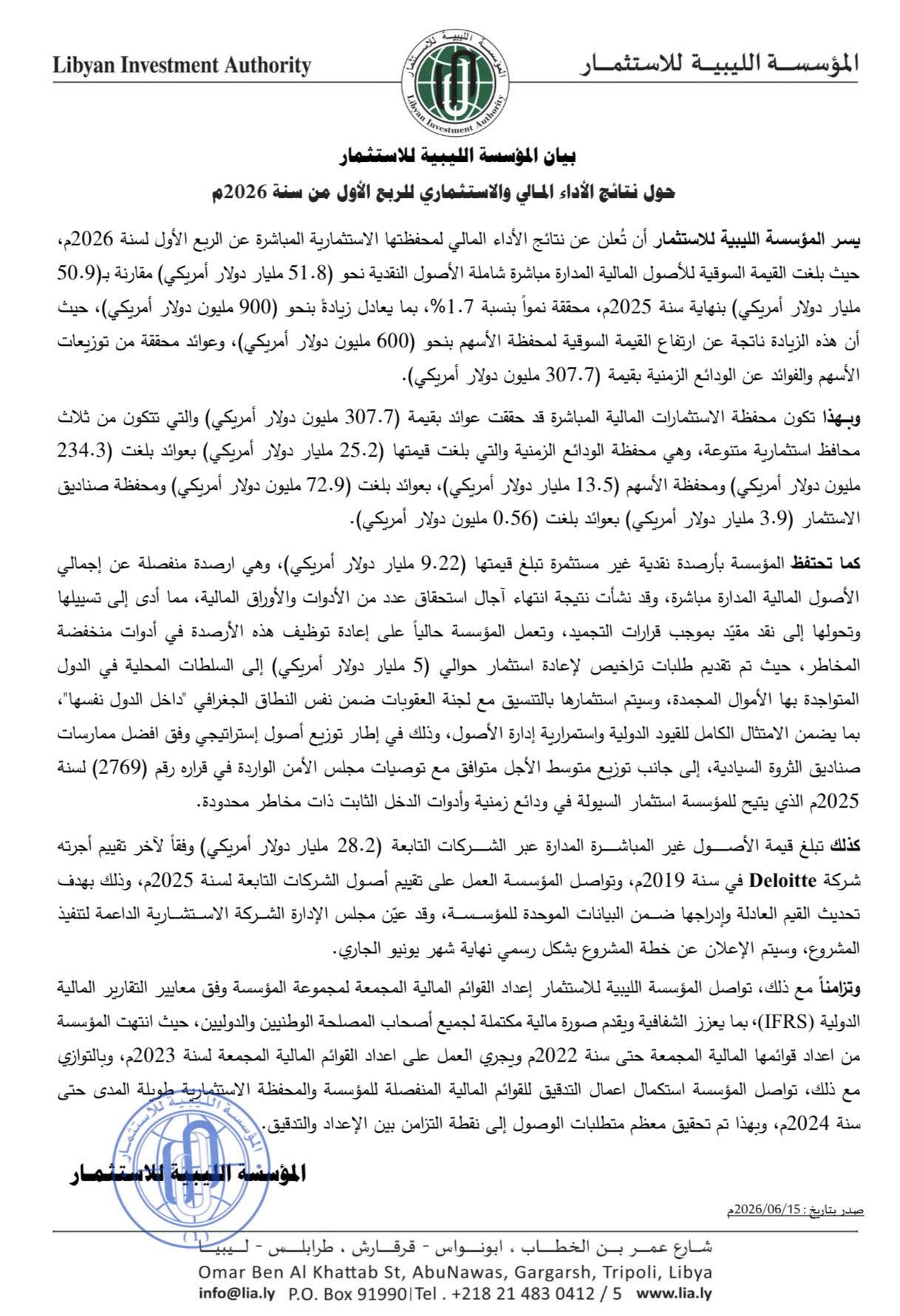 Libyan Investment Authority Announces Growth of Financial Assets to $51.8 Billion in First Quarter of 2026