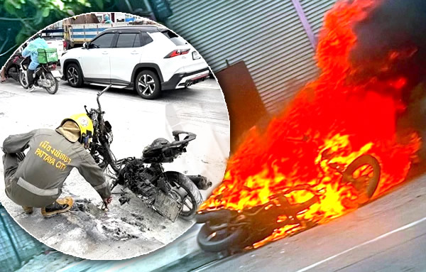 Motorbike suddenly erupts into flames in Pattaya. Lucky rider jumped off just seconds before it exploded