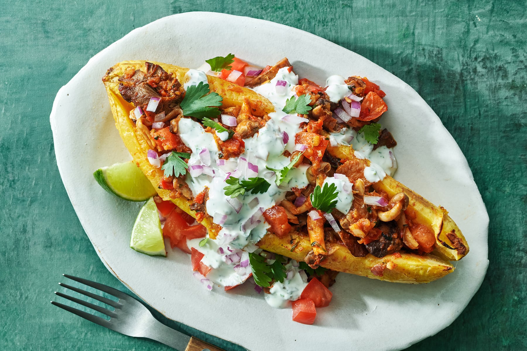 Mushroom-stuffed baked plantains