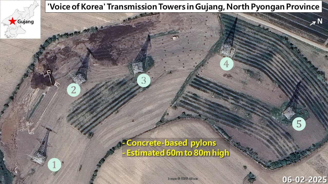 Satellite imagery from June 2, 2025 showing five concrete-based transmission tower pylons, estimated at 60 to 80 meters high, at the Voice of Korea broadcasting facility in Kujang county, North Pyongan province.