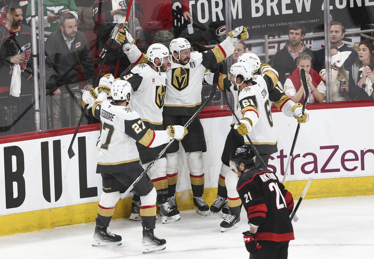 Golden Knights center Tomas Hertl (48) celebrates his goal against the Carolina Hurricanes duri ...